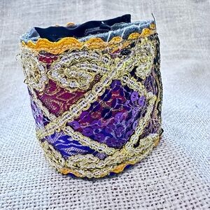 Artisan Wide Cuff Bracelet Boho Gold Sequin Fabric Embellished Handmade OOAK 6-7